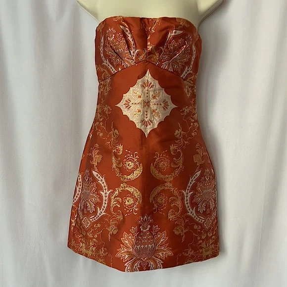 free people orange strapless dress Free People Gorgeous Burnt Orange Brocade Strapless Mini Dress **Size 0**  🔥🔥